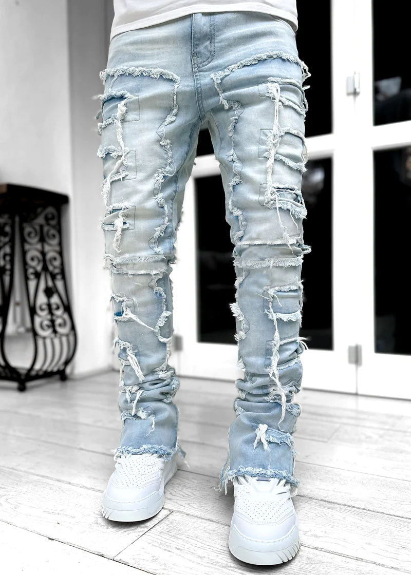 Trousers Individual Patched Pants Long Tight Fit Stacked Jeans For Men