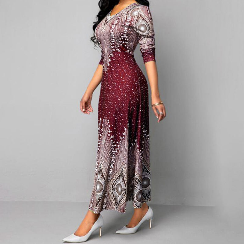 Women's Plus Size Elegant V-Neck Long Sleeve A-Line With Starry Sky Print, Slim-Fit Flowy Maxi Dress