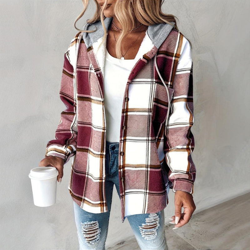 Burgundy plaid drawstring hoodie shirt with button-front long sleeves