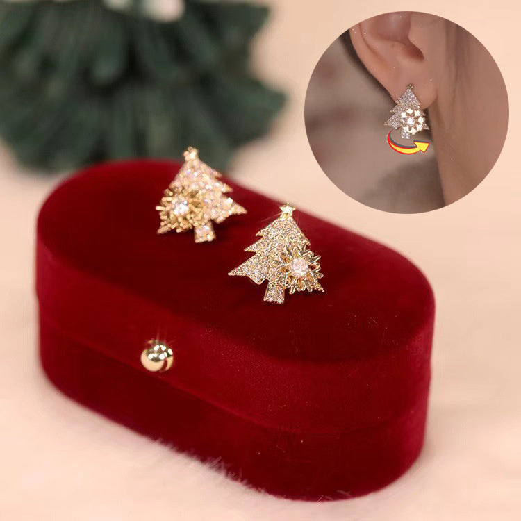 Rotatable Christmas Tree Shiny Rhinestone Snowflake Stud Earring Jewelry Gifts