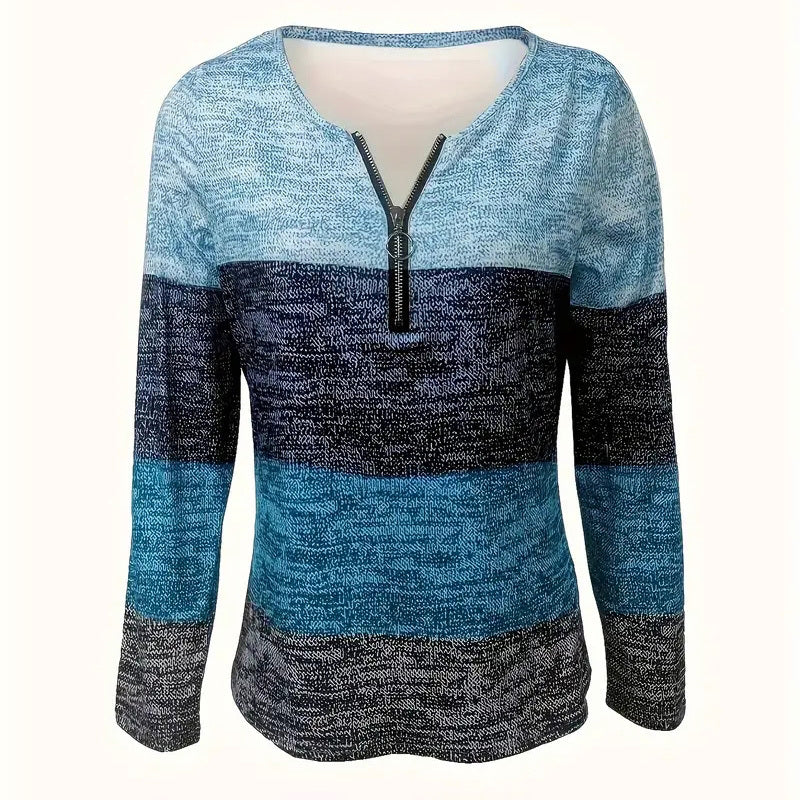 Women’s geometric color-block V-neck zip long-sleeve T-shirt in peacock blue with black center