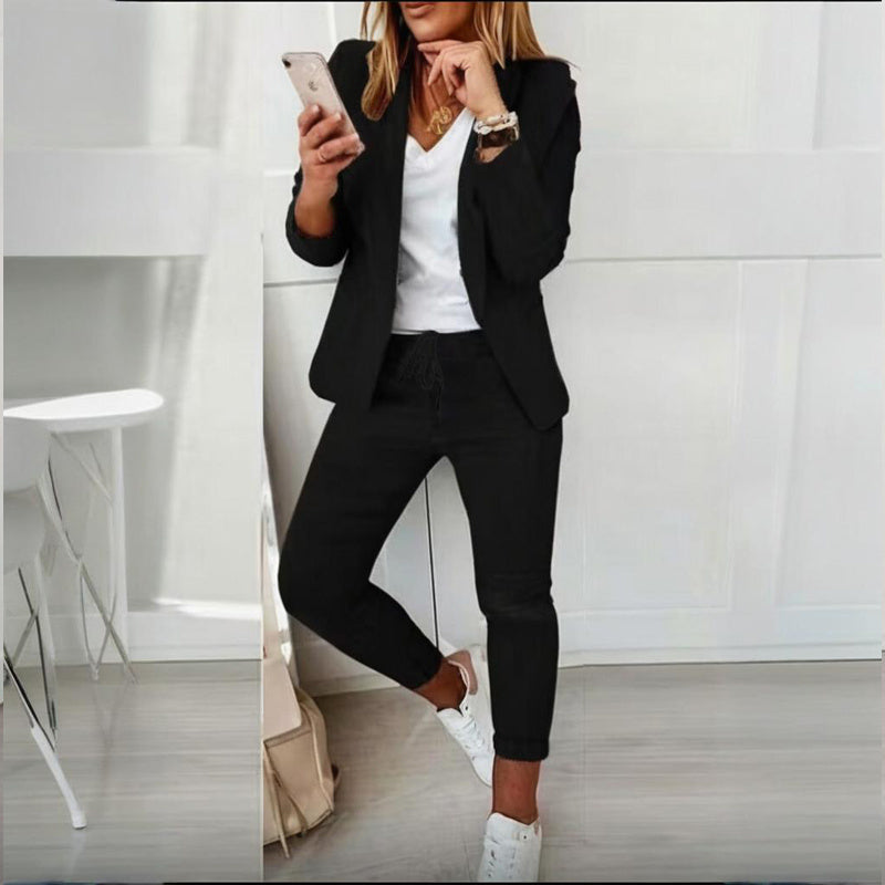 Women's Solid Color Long Sleeve Suit Set - Stylish Notch Lapel Blazer With Pockets & Drawstring Waist Pants, Business Casual Outfit