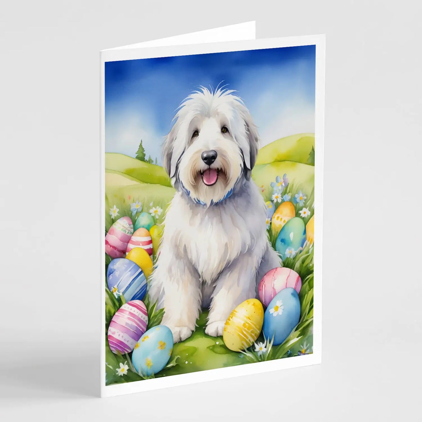 Old English Sheepdog Easter Egg Hunt Greeting Cards Pack of 8