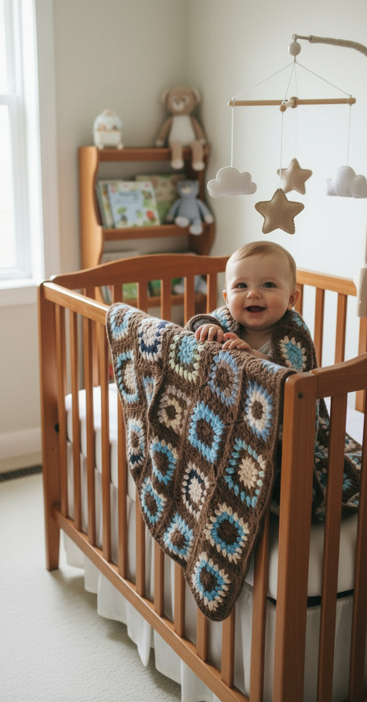 Granny Square Baby Blanket handmade of Browns and Blues for boys and girls