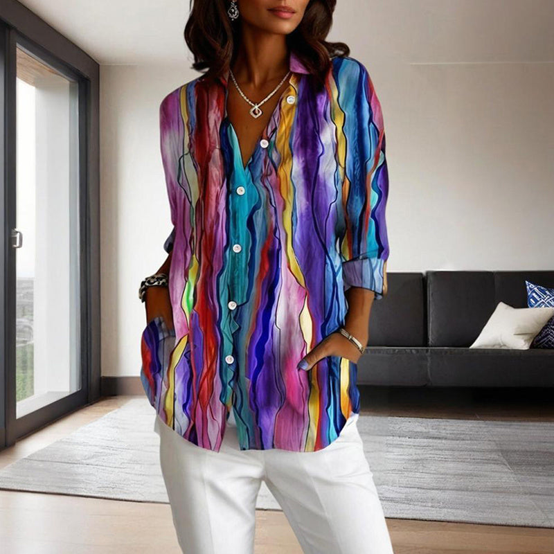 Printed long-sleeve button-up shirt with lapel collar, purple and blue multicolor wave print