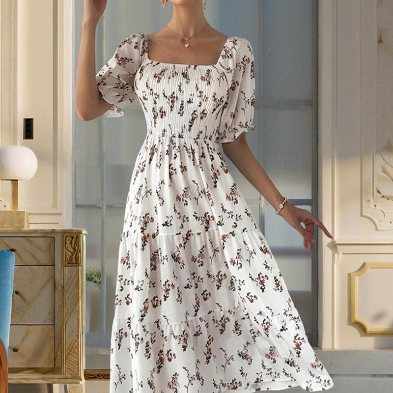 Women's Square Neck Short Sleeve A-Line Floral Print Ruffled Sleeves Bust Smocked Elastic Boho Summer Vacation Dress