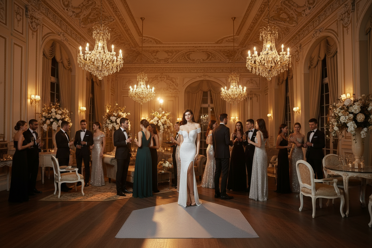 White sequin evening dress, off-shoulder neckline, fitted mermaid silhouette with long slit.