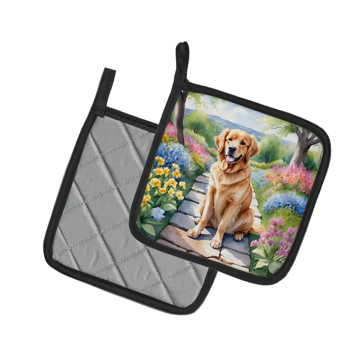 Golden Retriever Spring Path Pair of Pot Holders