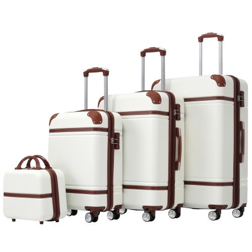 Hard-shell spinner luggage set with cosmetic case, white with brown accents, 4-piece