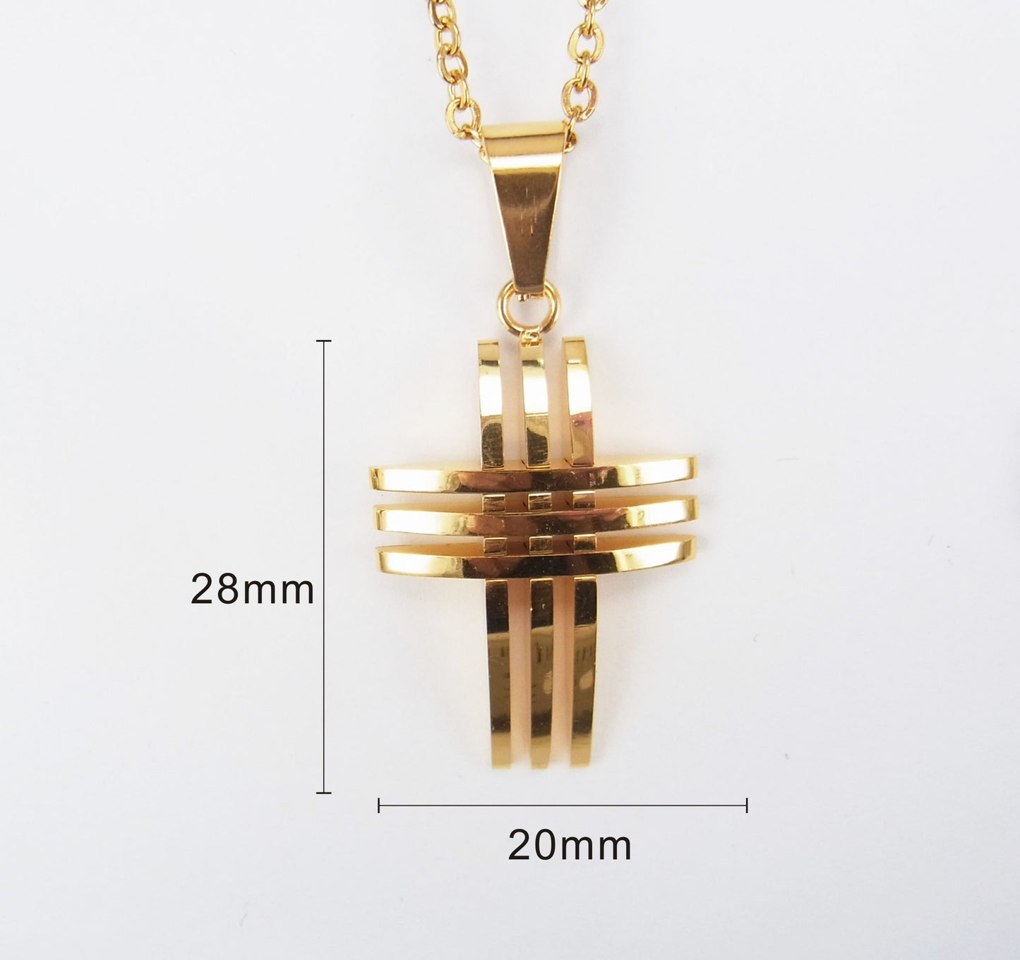 Gold hollow cross pendant with 20mm width and 28mm height on chain