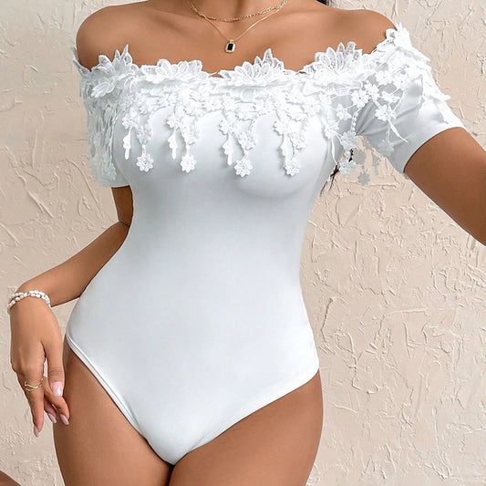 Women's Off Shoulder Short Sleeve Bodysuit Sexy Lace Bodycon Top