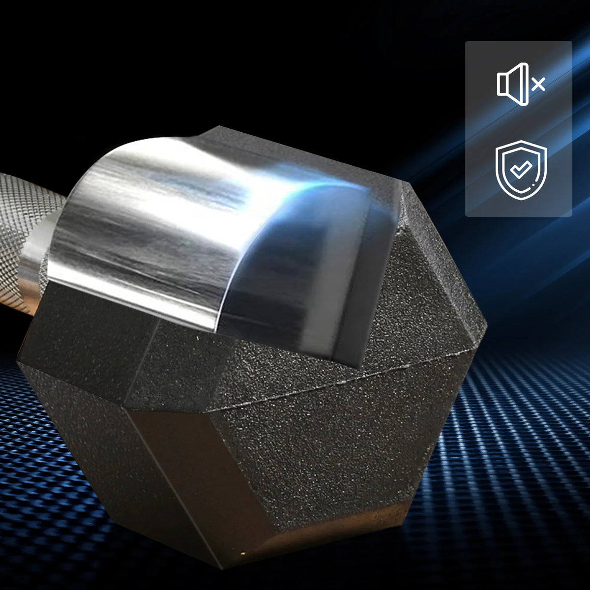 Close-up of black hex dumbbell head with chrome metal handle sleeve