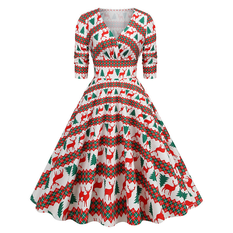 Christmas DressWomen's Christmas Vintage Print Dress