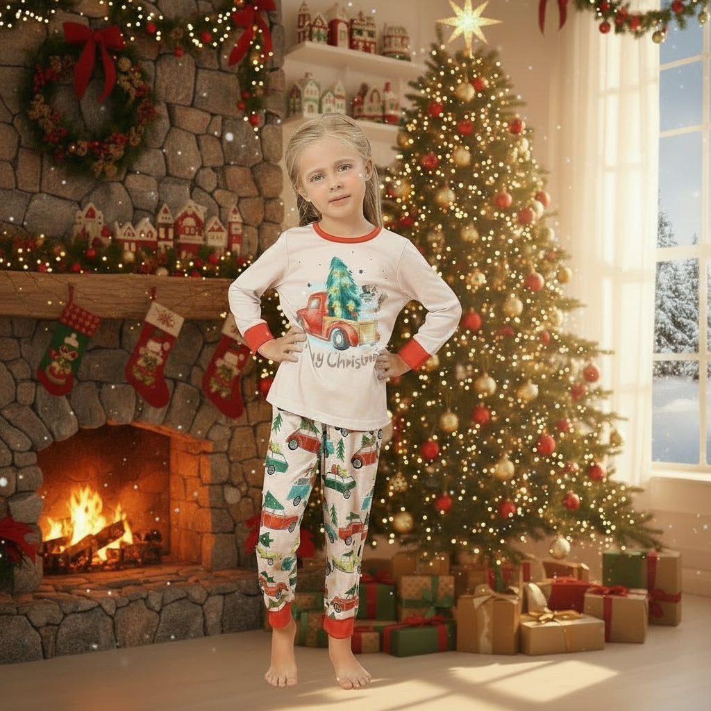 Kids Christmas pajama set, white long-sleeve top with tree graphic and patterned pants