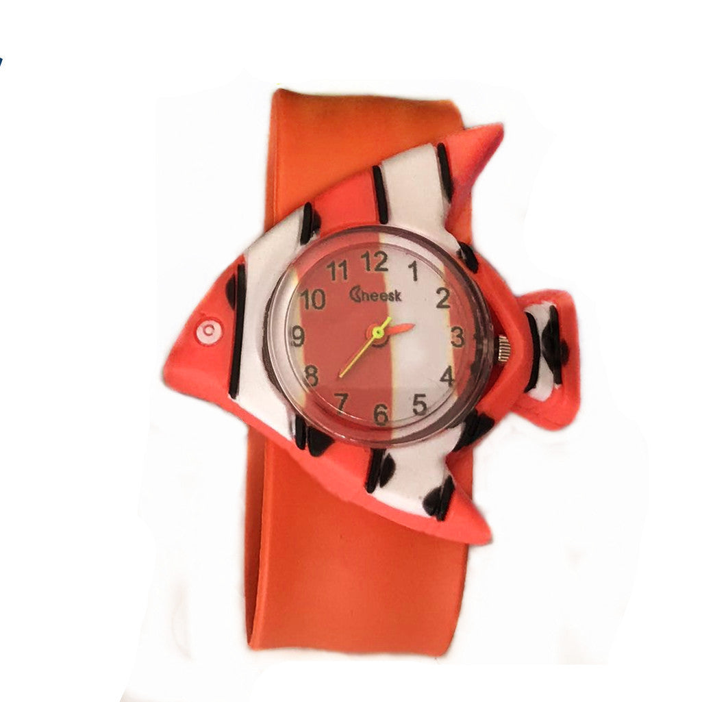 Kids wristwatch with orange silicone strap and 3D cartoon animal face dial