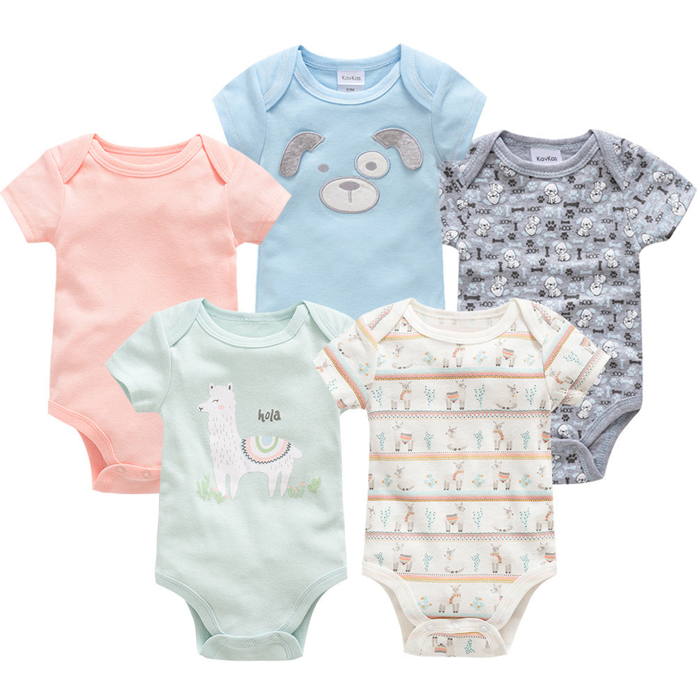 Five-pack newborn bodysuits: pale pink solid, light blue dog, mint llama, striped safari, gray animal
