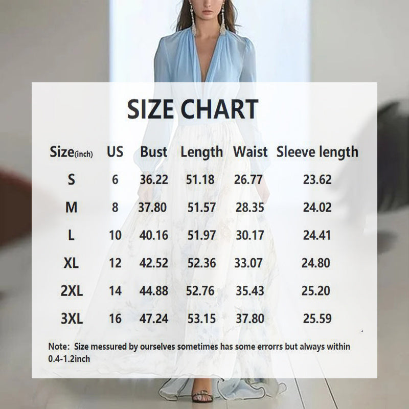 Size chart graphic showing bust, length, waist, and sleeve measurements