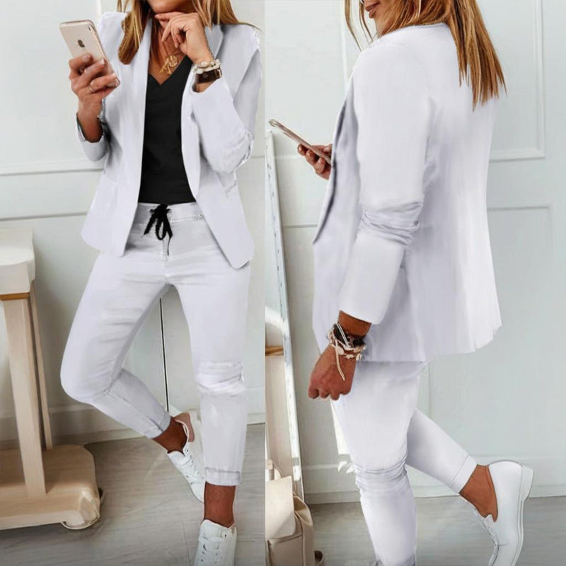 Women's Solid Color Long Sleeve Suit Set - Stylish Notch Lapel Blazer With Pockets & Drawstring Waist Pants, Business Casual Outfit
