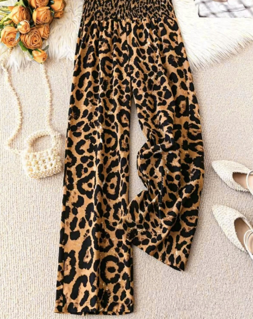 Women's Leopard Print Wide-Leg Pants - Summer Casual Vacation Style Elastic Waist Long Trousers