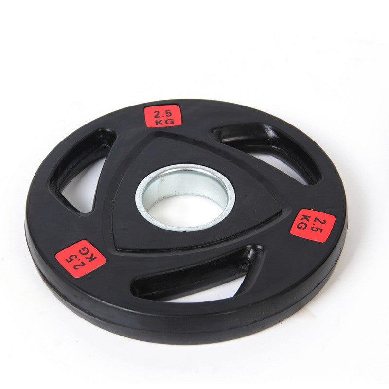 Single black 2.5 kg barbell weight disk with round cutouts, red KG numbers, center hole
