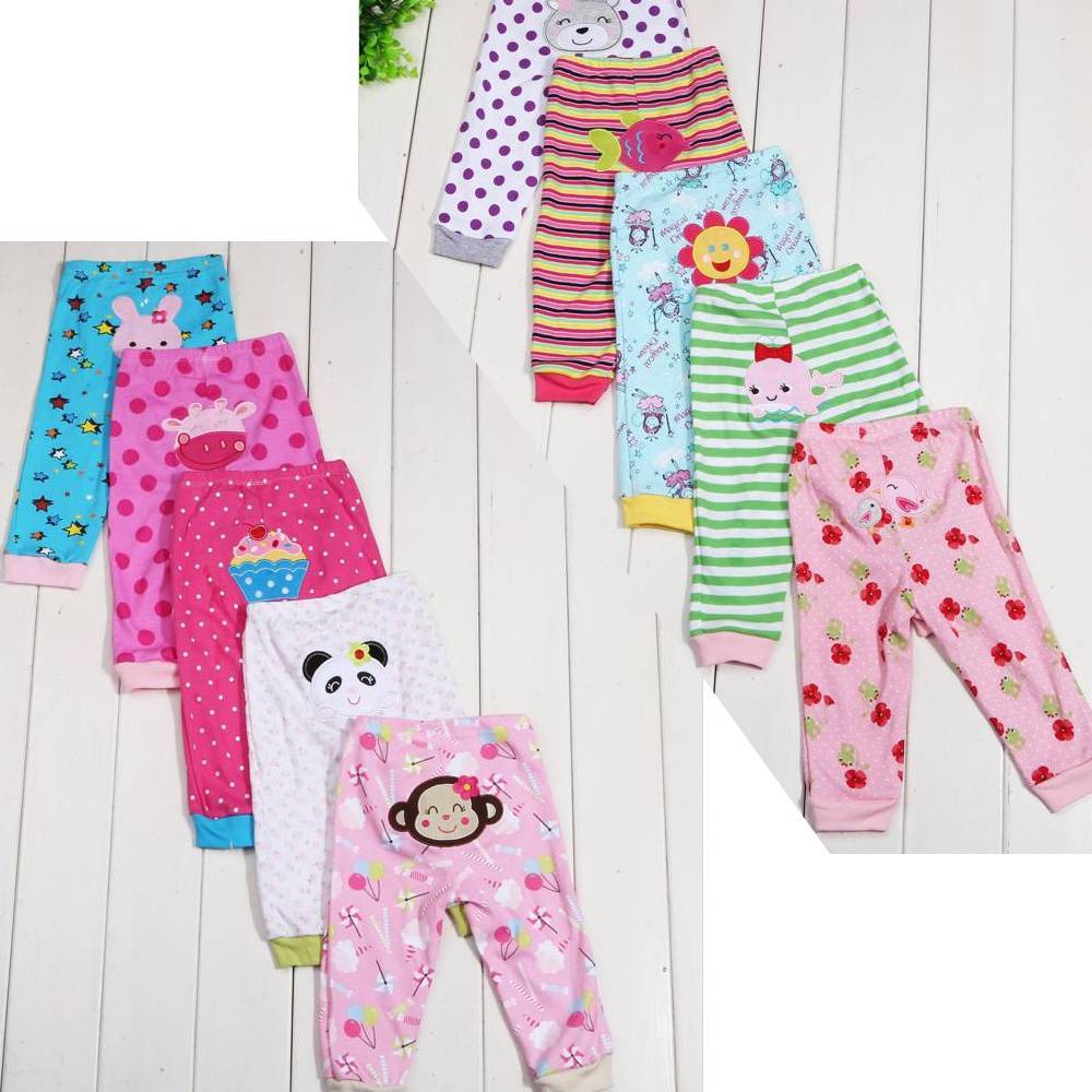 Cartoon print children's leggings set of 5 with panda, bunny, striped, and berry prints