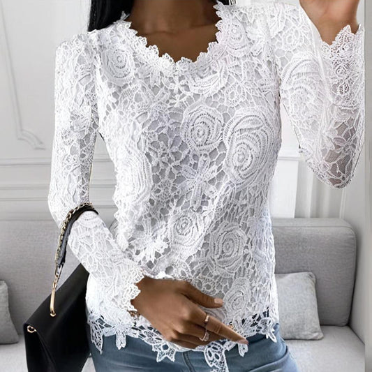 Women's Solid Color Lace Long Sleeve T-Shirt - Floral Cutout Design, Round Neck, Elegant Vacation Style Top