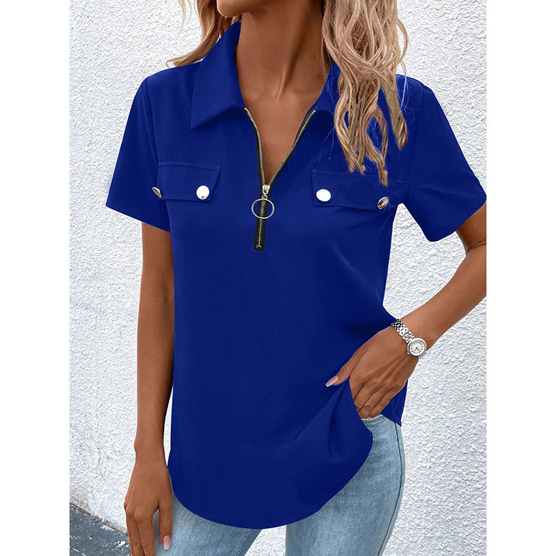 Women's Zipper Polo Shirts Short Sleeve Summer Collared Down T Shirts Top Casual Loose Fit Blouses