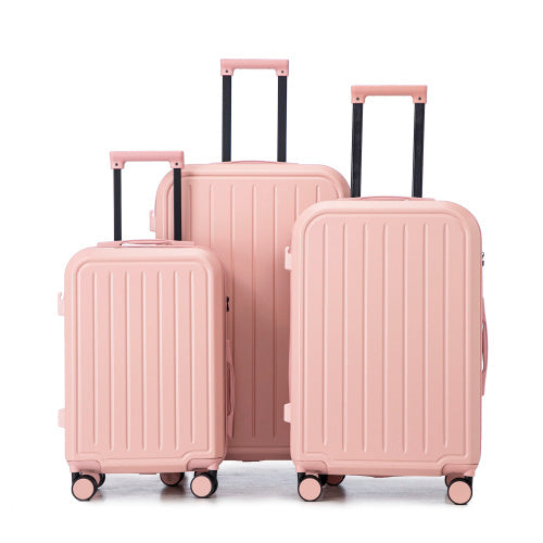 Pink 3-piece ABS spinner luggage set showing three sizes with spinner wheels