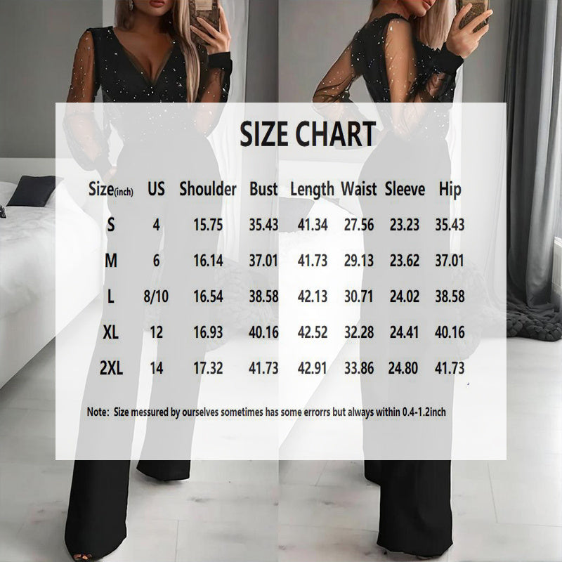 Black deep V-neck sequin jumpsuit with sheer sleeves and wide straight legs