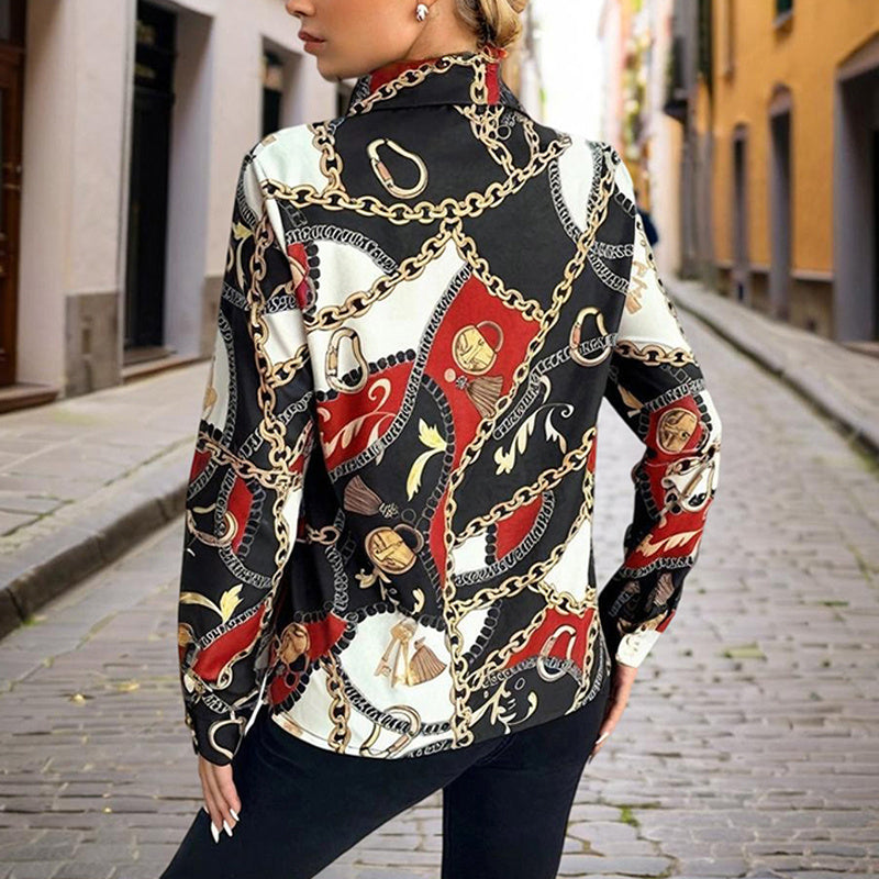 Women's Lapel Long Sleeve Shirt - Fitted Cut Intricate Print Button-Up Design Casual Wear