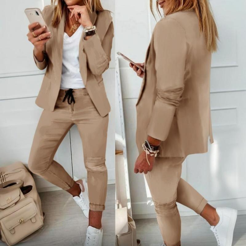Women's Solid Color Long Sleeve Suit Set - Stylish Notch Lapel Blazer With Pockets & Drawstring Waist Pants, Business Casual Outfit