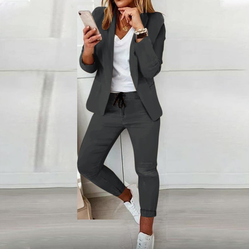 Women's Solid Color Long Sleeve Suit Set - Stylish Notch Lapel Blazer With Pockets & Drawstring Waist Pants, Business Casual Outfit