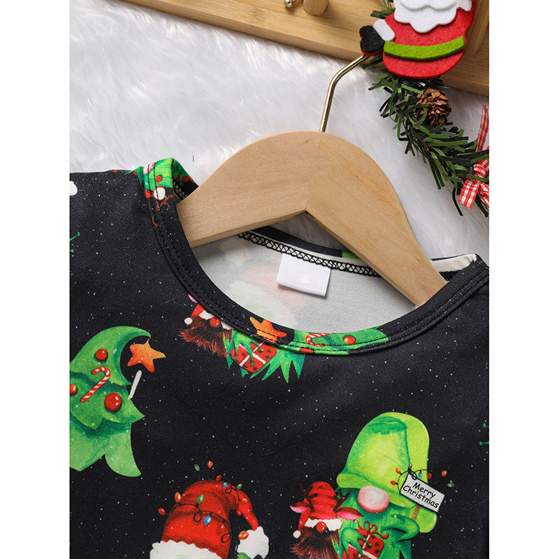 Toddler Christmas dress neckline with colorful elf and tree character prints
