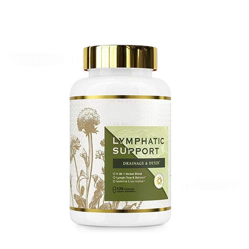 Lymphatic support capsules bottle with gold cap and green label, front view
