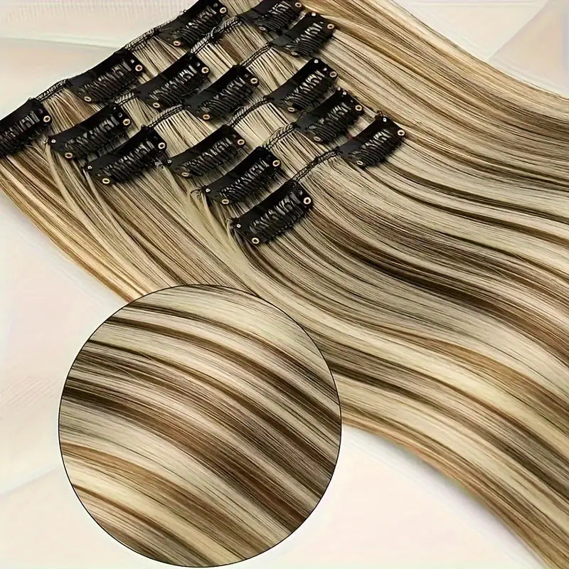 Hold balance Straight Clip In Hair Extensions 24inch For Women, 6PCS Long Soft Synthetic Natural Hairpieces