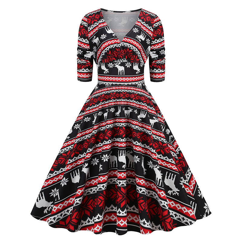 Christmas DressWomen's Christmas Vintage Print Dress