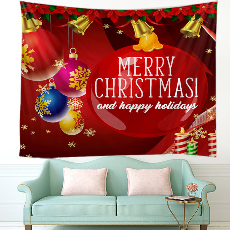 Red Christmas wall tapestry with gold bells, hanging ornaments and Merry Christmas text