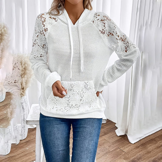 Women's Solid Color Casual Sweatshirt With Lace-Trimmed Sheer Sleeves & Large Lace Pockets, Pullover Hoodie