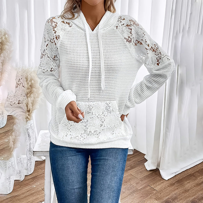Women's Solid Color Casual Sweatshirt With Lace-Trimmed Sheer Sleeves & Large Lace Pockets, Pullover Hoodie
