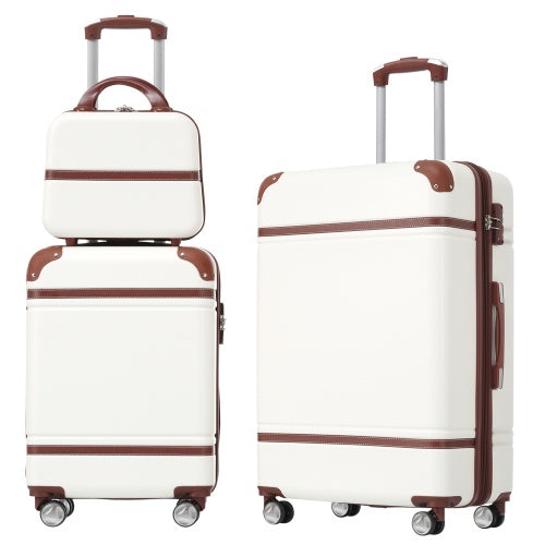Hard-shell luggage set, white suitcases with brown trim, telescoping handle and spinner wheels
