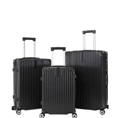 Black hard-shell rolling luggage set with three suitcases and spinner wheels
