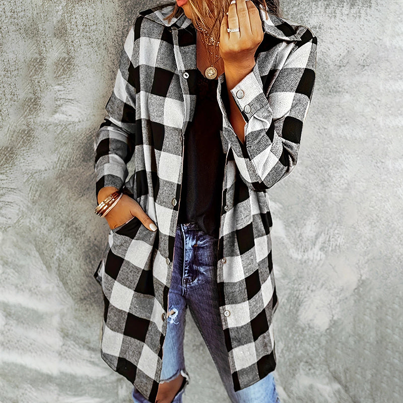 Black-and-white buffalo plaid button-front long-sleeve shirt, open front, long length