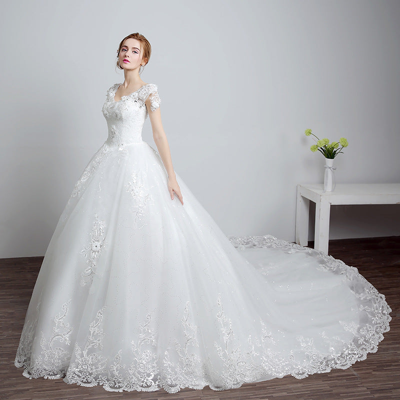 Bride fashion, Princess trailing wedding dress,  new lace strap wedding dress
