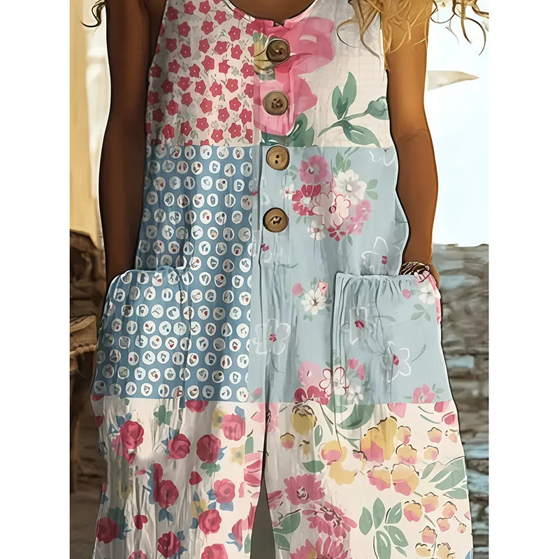 Women's Vintage Floral Jumpsuit - Sleeveless Button Front Romper With Pockets, Casual Loose Fit Long Pants Jumper