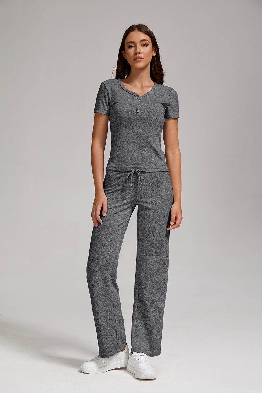 Women's Casual Two-piece Set With V-neck Button, Short Sleeved, Low Waisted Flared Pants, Sportswear