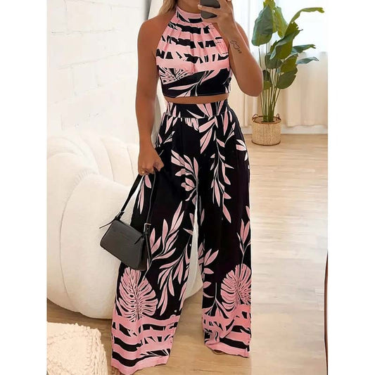 Women's 2 Piece Outfits Plants Graphic Print Crop Halter Top And Wide Leg Pants Set
