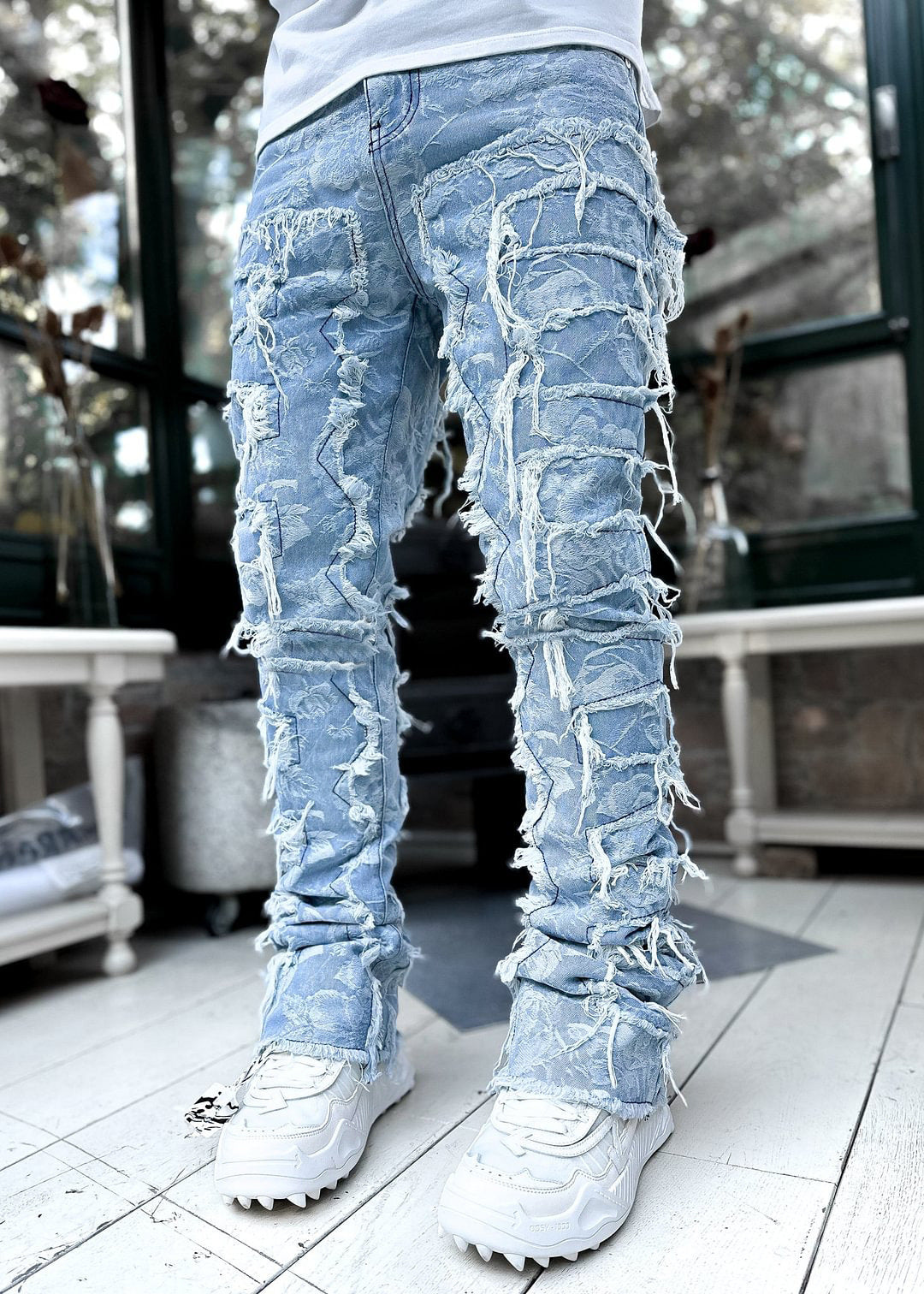 Trousers Individual Patched Pants Long Tight Fit Stacked Jeans For Men