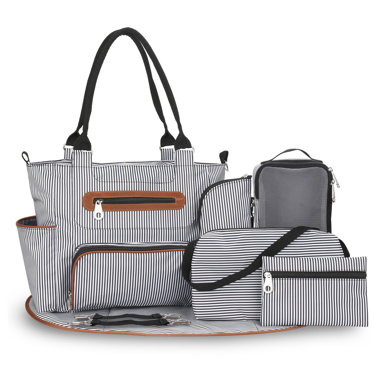 Black-and-striped diaper bag set with mesh side pouch and matching striped organizer