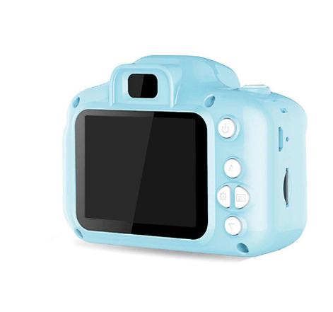 Blue kids toy camera with black front screen and top viewfinder