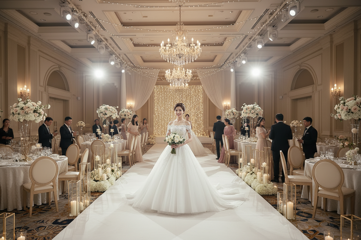 White one-shoulder wedding gown with long trailing veil and full skirt